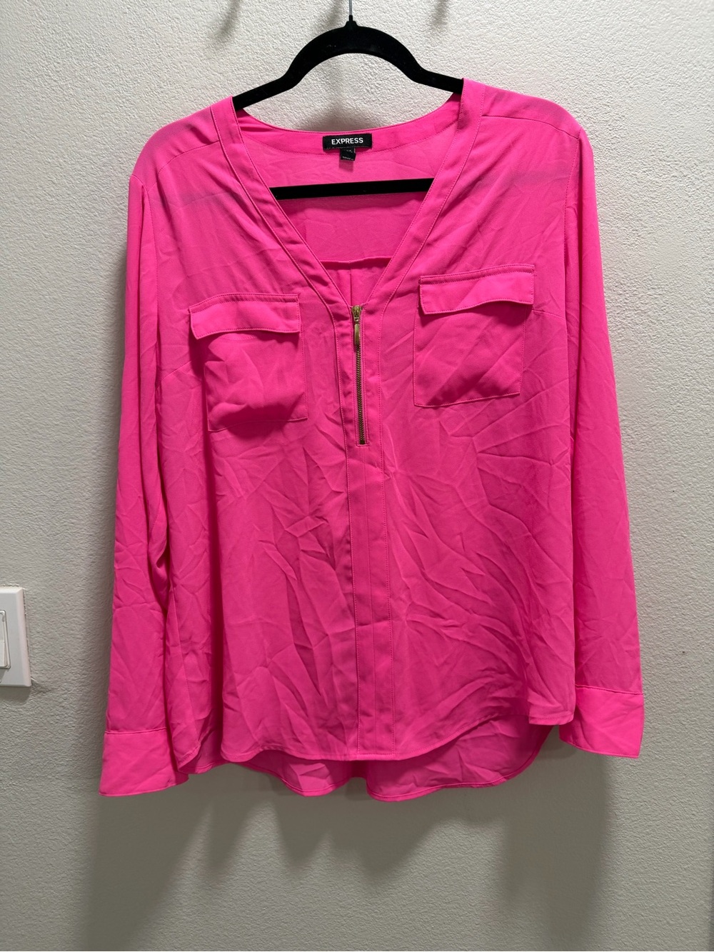 Express Hot Pink Long Sleeve Zip Front Blouse